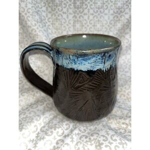 Art Studio Pottery Coffee Mug , Pine Needles, Brown  And Blue Glazed Signed